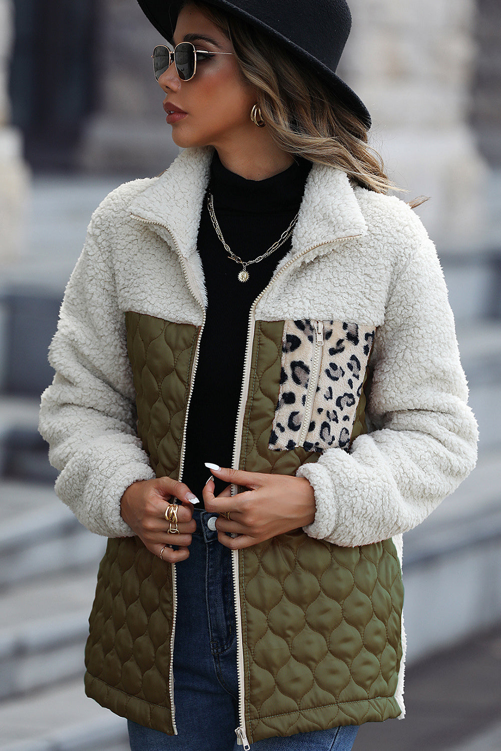 Streetwave Quilted Sherpa Zip Jacket For Women With Leopard Patch Pocket And Stand Collar For Cozy Warmth
