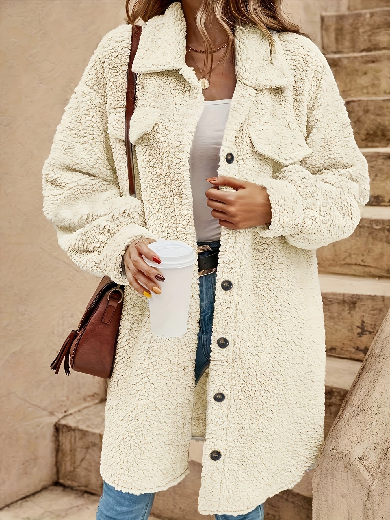 Street-wave Sherpa Coat For Women Long Cozy Faux Shearling Jacket Warm Polyester Outerwear