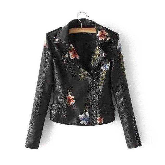 Street-Wave Floral PU Leather Jacket For Women - Bold Style With Embroidered Flowers And Studded Details