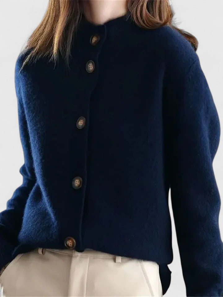 Street-wave Cozy Timeless Knit Cardigan With Button Placket For Women Soft Breathable Knit Wooden Buttons