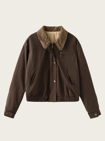 Street-wave Corduroy Collar Bomber Jacket Unisex Casual Outerwear With Zip Front And Utility Pockets