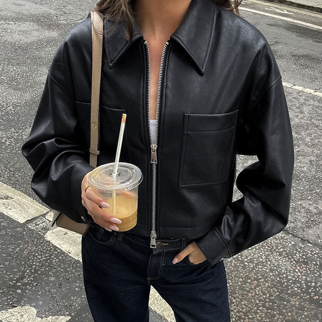 Street-wave Short Leather Jacket For Women With Metallic Zipper Edgy Street Style