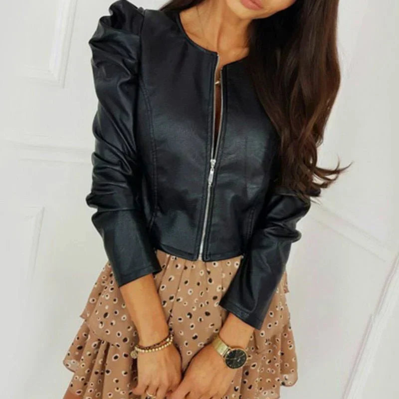 Street-wave Leather Look Jacket For Women Elegant Short Leatherette Blazer With Chic Design