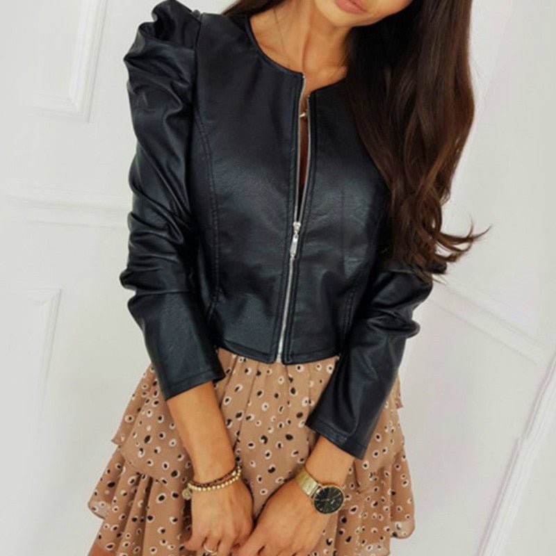 Street-wave Faux Leather Jacket For Women With Puff Sleeves Trendy Tailored Fit And Versatile Style