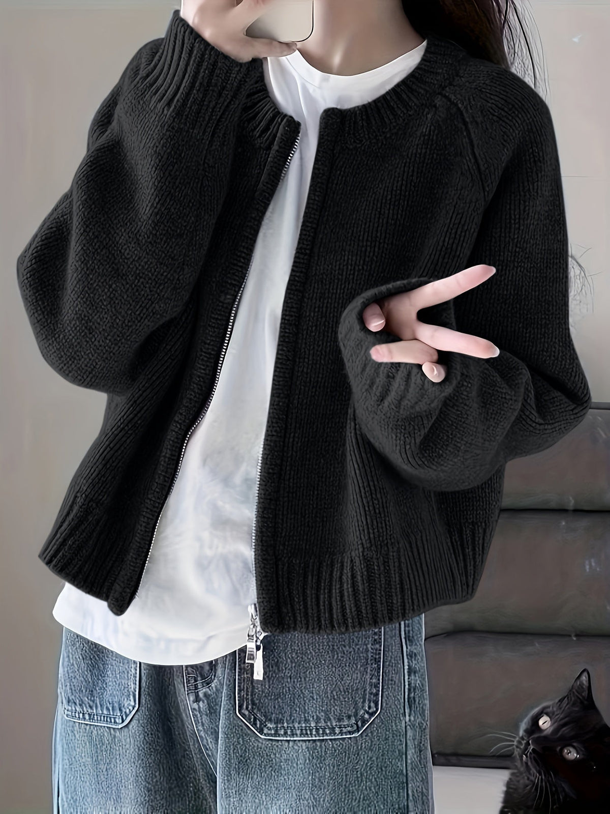 Street-wave Women Knit Cardigan Soft Cozy Warmth Versatile Everyday Office Wear Casual