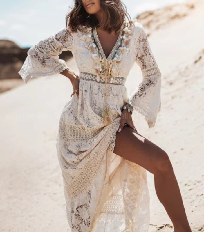 Street-Wave Boho Maxi Dress With Tie Detail For Women Lightweight Fringed V-Neck Beachwear