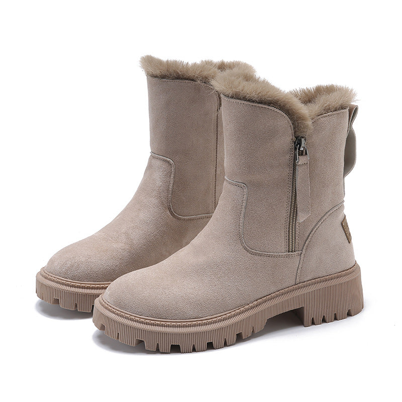 Street-wave Womens Mid-Calf Suede Boots With Faux Fur Lining And Chunky Lug Sole For Winter Warmth
