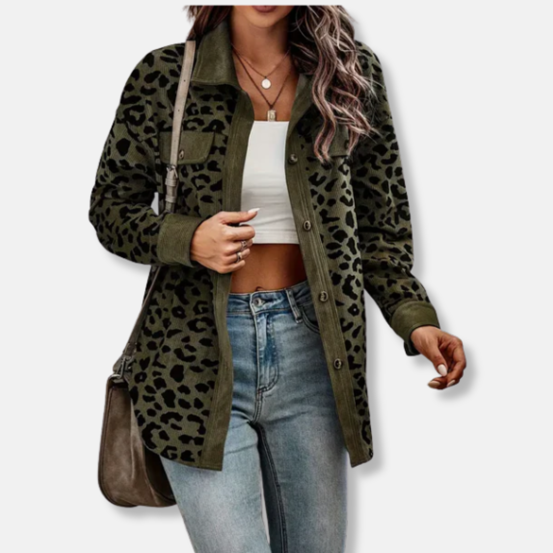 Women’s Shacket – Relaxed Fit – Corduroy Ribbed Texture – Animal Print – Button-Up Long Sleeve
