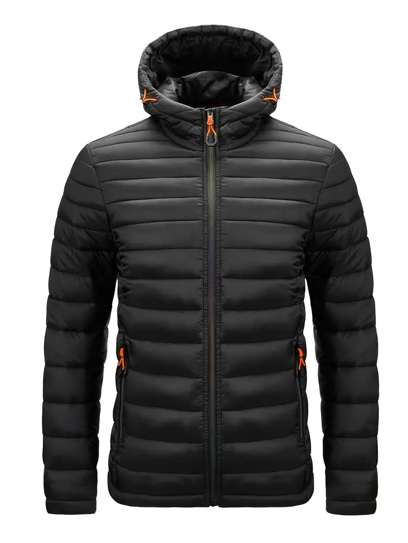Street-Wave Hooded Down Jacket For Men Warm Lightweight Puffer With Front Zip For Winter