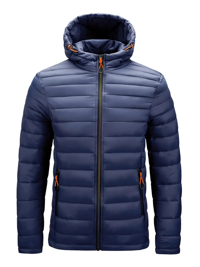 Street-Wave Hooded Down Jacket For Men Warm Lightweight Puffer With Front Zip For Winter