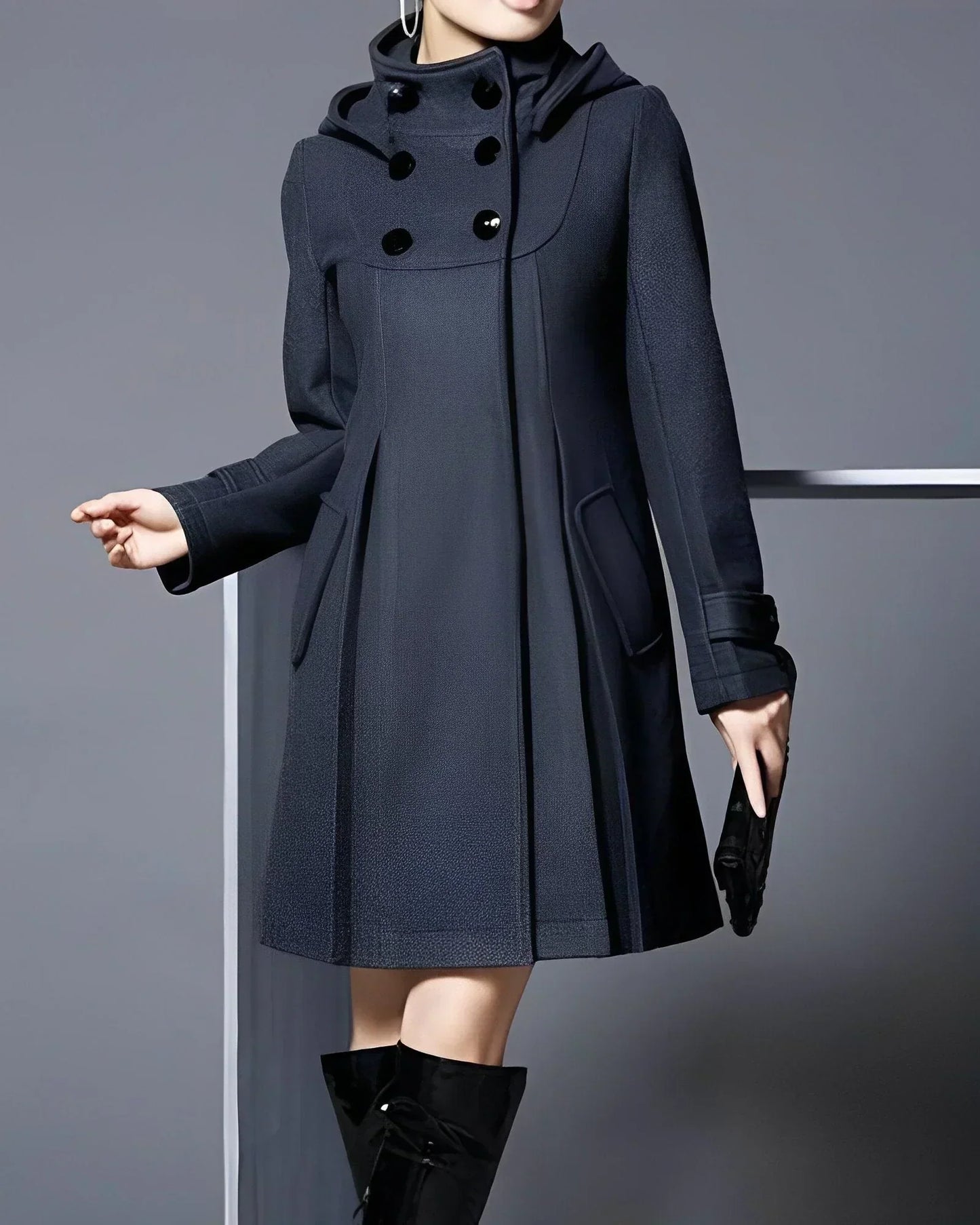 Street-wave Wool Coat for Women Knee Length A Line with High Collar and Double Zipper Elegant Cut