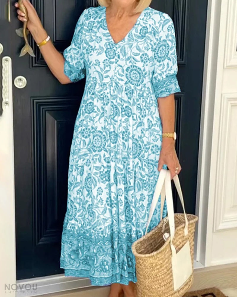 Streetwave Daisy Print Maxi Dress With V Neck For Women Versatile Elegant Summer Outfit