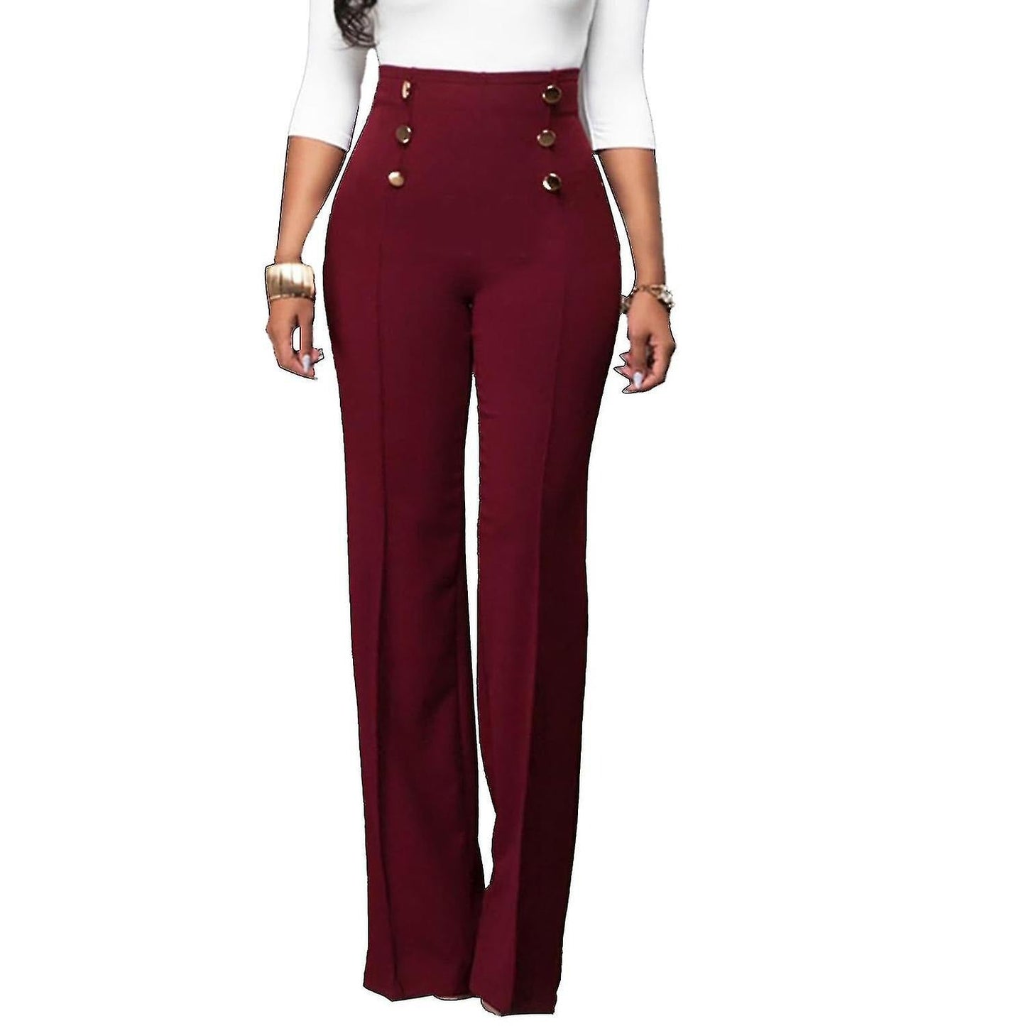 Street-wave High Waist Pants For Women Bordeaux With Button Details Sleek Tailored Fit