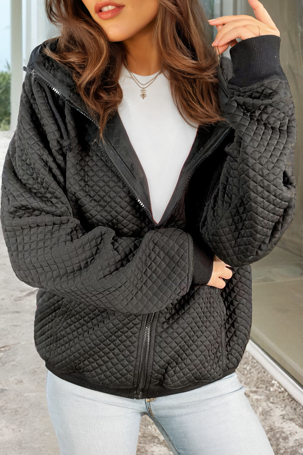 Street-wave Quilted Padded Hoodie Polyester Blend Warm Comfort For Women Versatile Everyday Wear