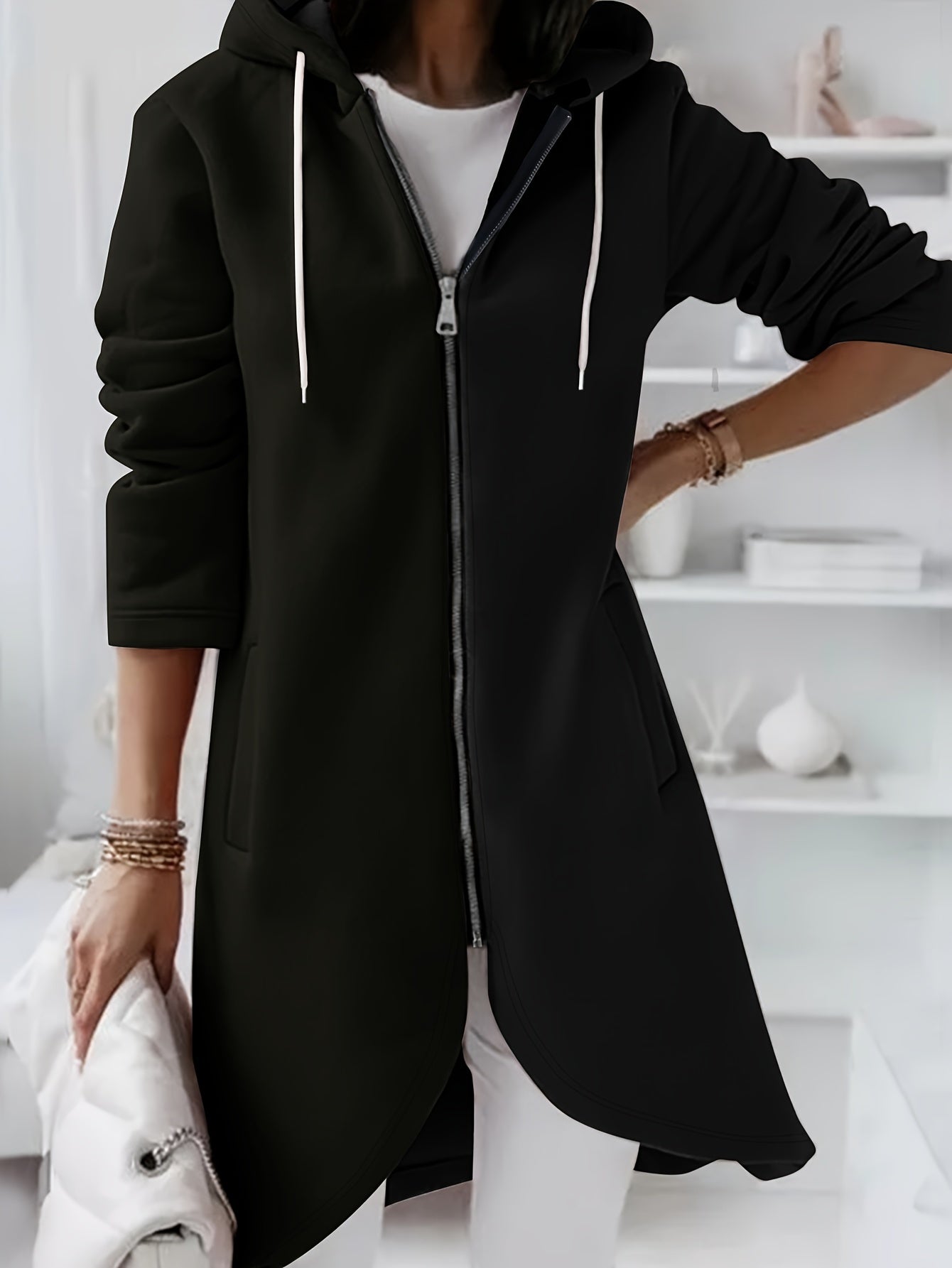 Street-wave Midi Hoodie Jacket With Zipper And Drawstring Breathable Everyday Outerwear For Women