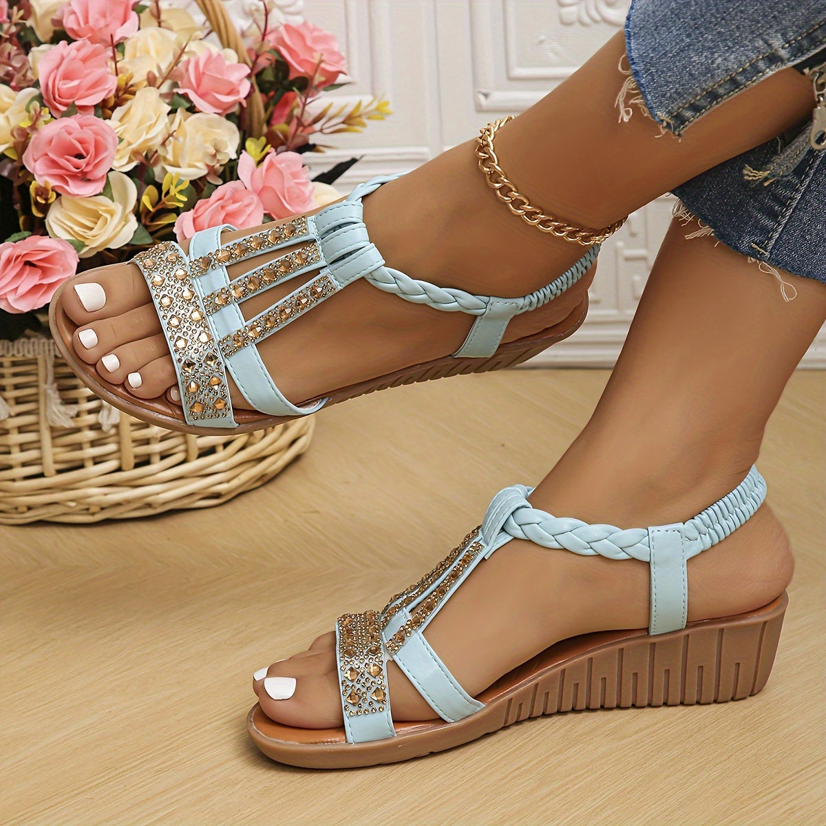 Women's Woven Sandals with Rhinestone Detail and Adjustable Strap