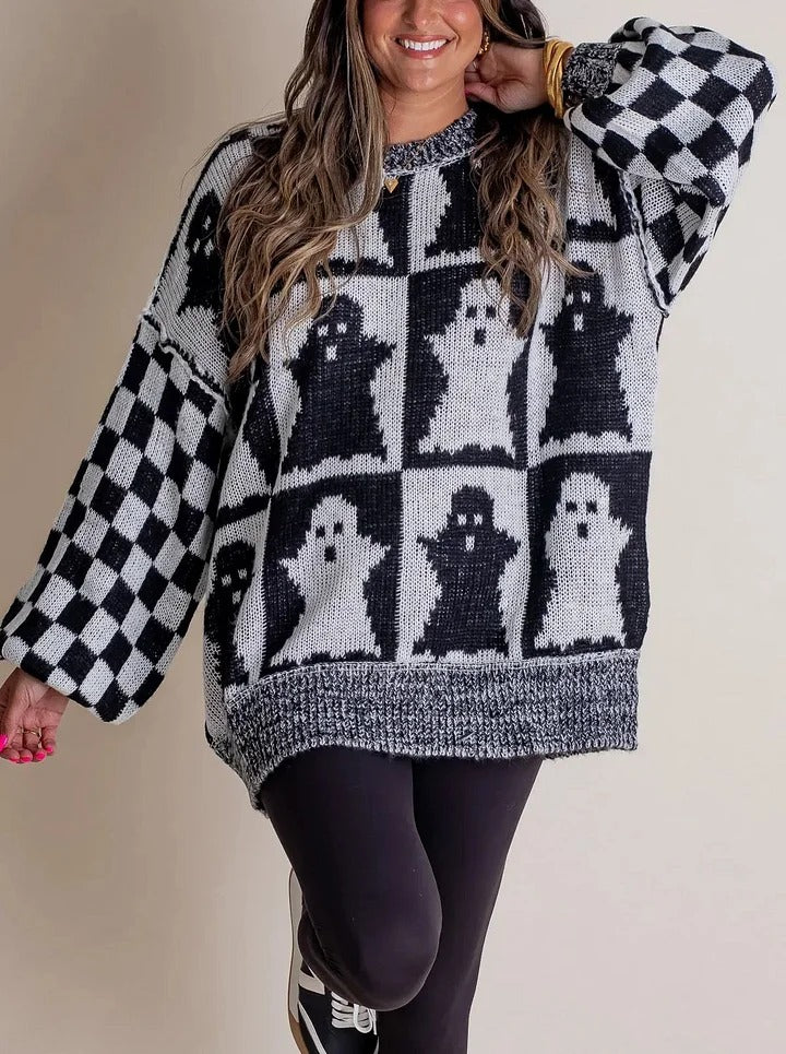 Street-Wave Cozy Pumpkin Halloween Knit Sweater For Women, Festive Orange And Black Checker Knit Pullover