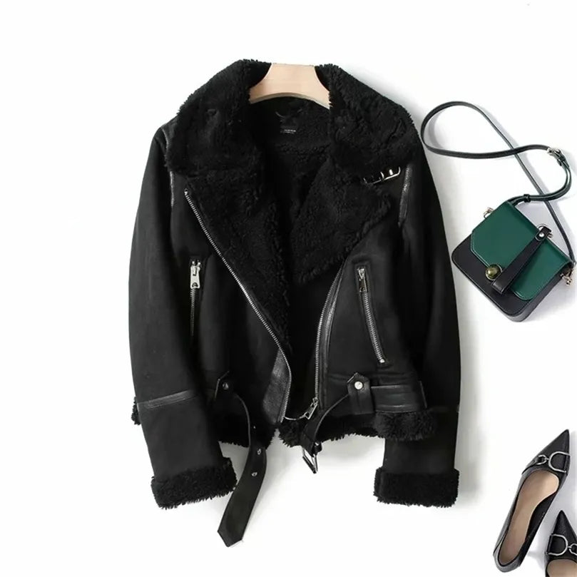 Street-Wave Weinlese Shearling Coat Rugged Faux Leather Fur Trim Jacket For Urban Trendsetters