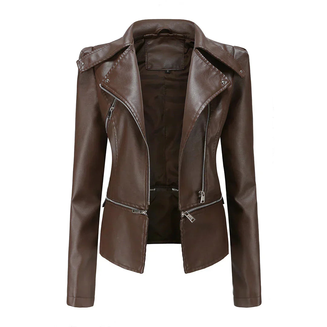 Street-wave Esra Women's Leather Jacket With Asymmetric Zipper Detachable Hem And Classic Lapel
