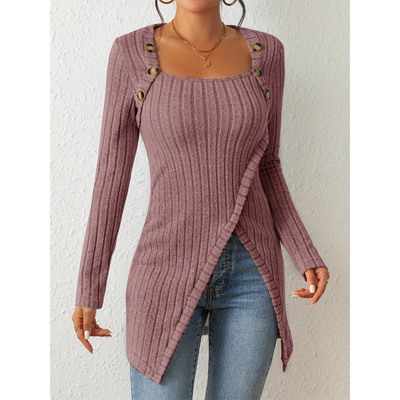 Street-wave Ribbed Knit Sweater For Women With Button Shoulder Details Cozy Modern Look