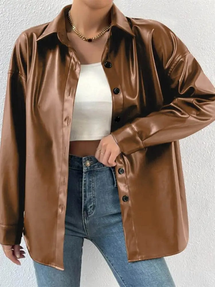 Street-wave Premium Leather Bomber Jacket With Lapel Collar And Button Closure For Urban Women