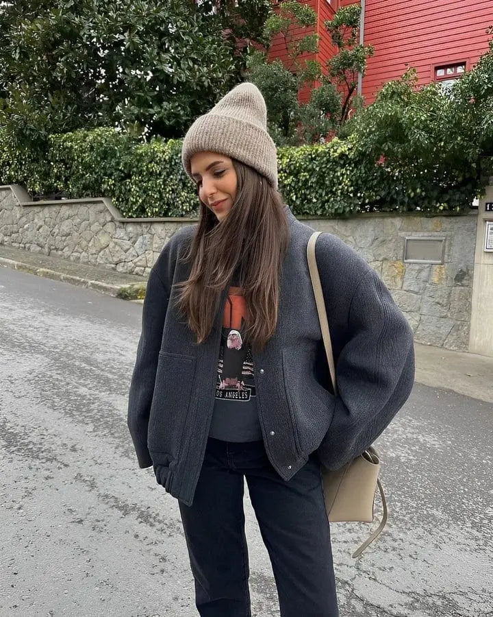 Street Wave Oversized Fleece Bomber Jacket With Snap Closure For Women Cozy Everyday Style