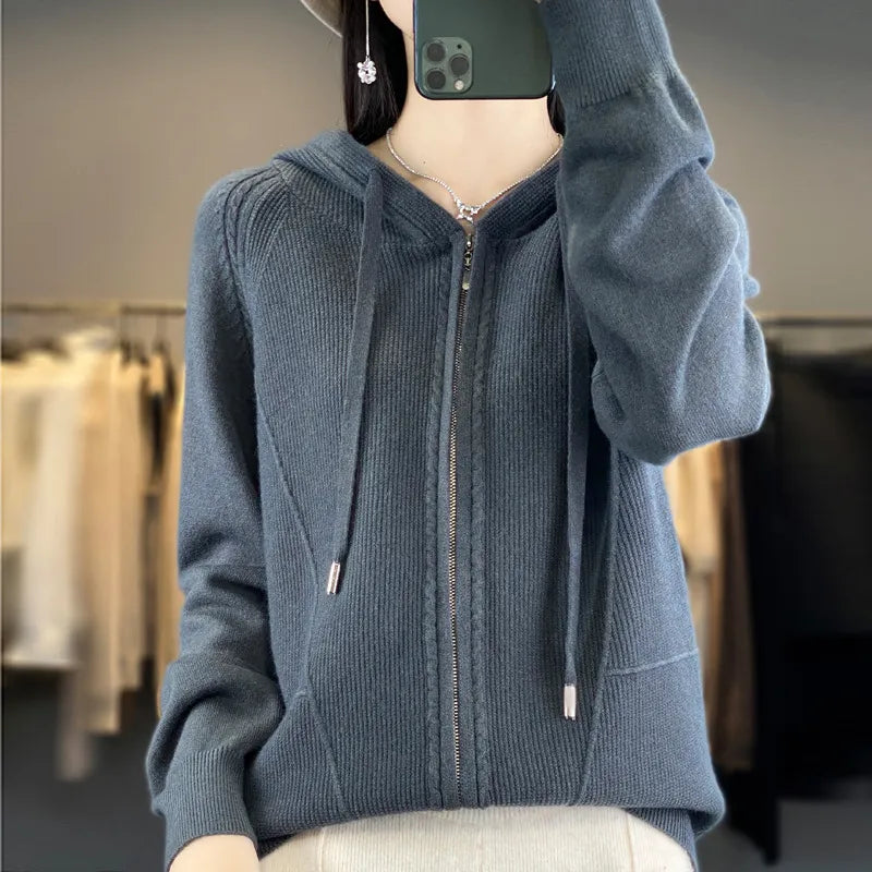 Street Wave Cardigan Cozy Pink Knit Zip Front Warm Hoodie For Women Autumn Winter