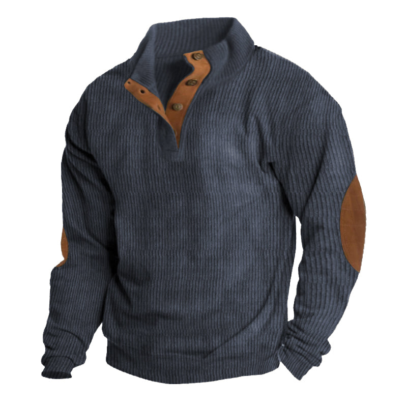 Street-wave Men's Ribbed Knit Pullover With Button Henley Collar And Elbow Patches