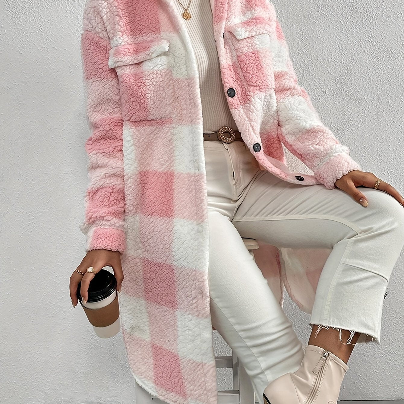 Street-Wave Teddy Coat For Women Cozy Plush Warmth Pink Checkered Pattern Timeless Style