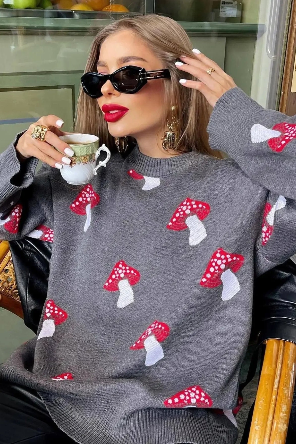 Streetwave Mushroom Jacquard Knit Sweater For Women And Men Cozy Relaxed Fit Polyester Pullover