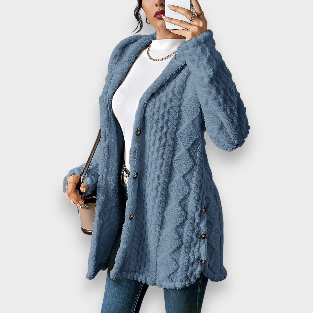 Street-Wave Plush Hoodie Cardigan For Women Ultra Soft Cozy Elegance With Refined Knit And Button Details