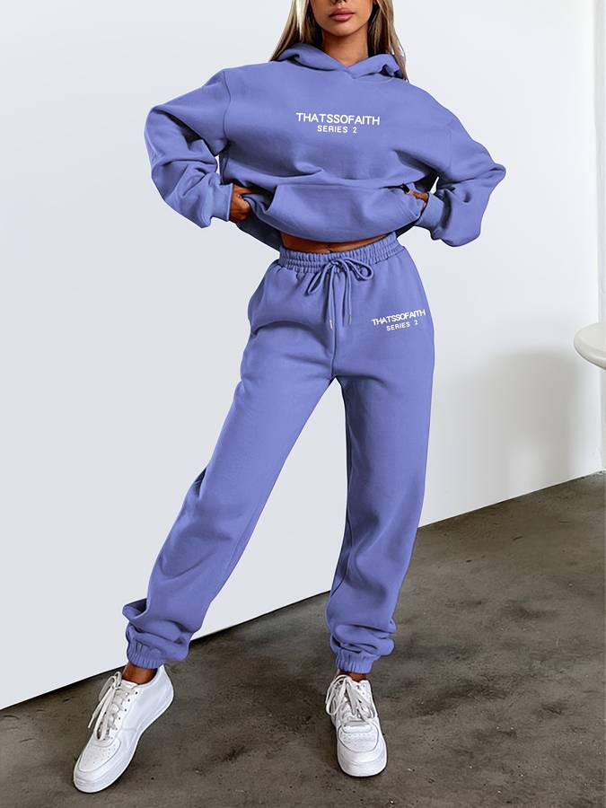 Street-wave Cozy Loungewear Set With Minimal Print For Women, Oversized Hoodie And Joggers
