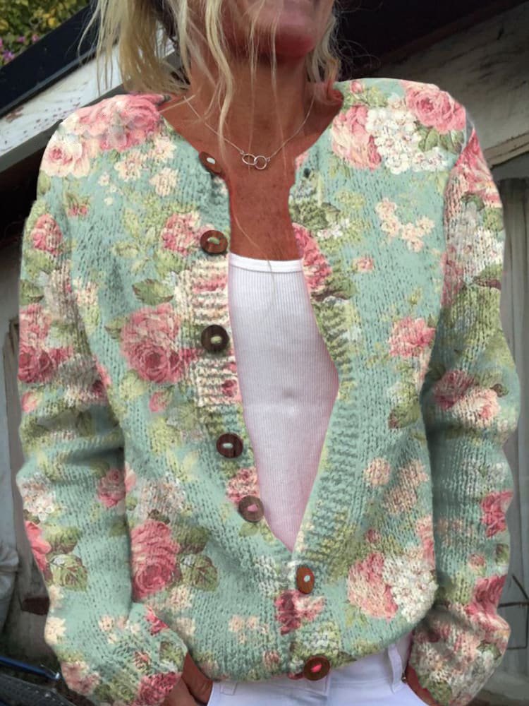Street-Wave Cozy Knitted Cardigan For Women With Button Front Floral Design Pattern