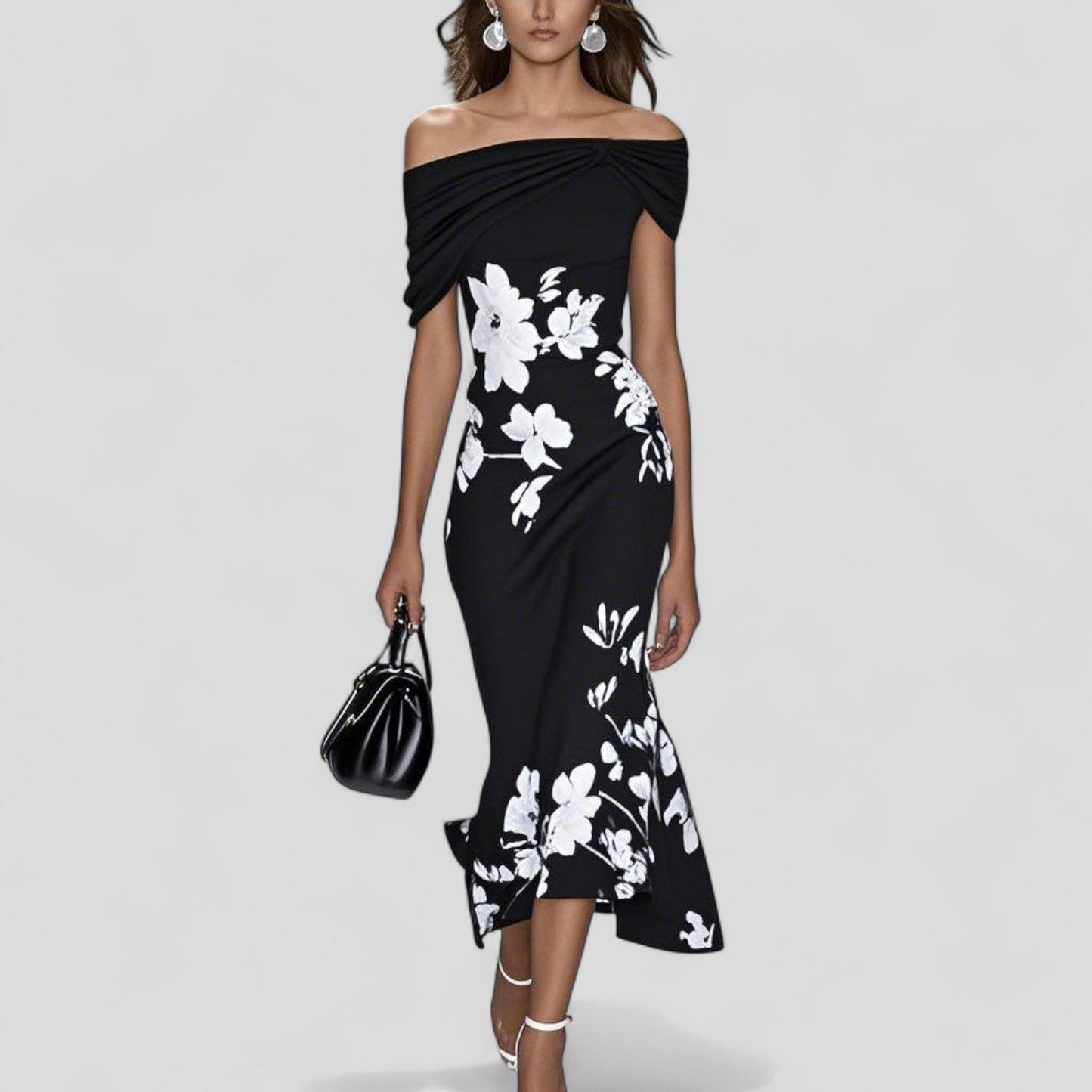Women's Off-Shoulder Midi Dress with Ruffle Hem and Floral Print