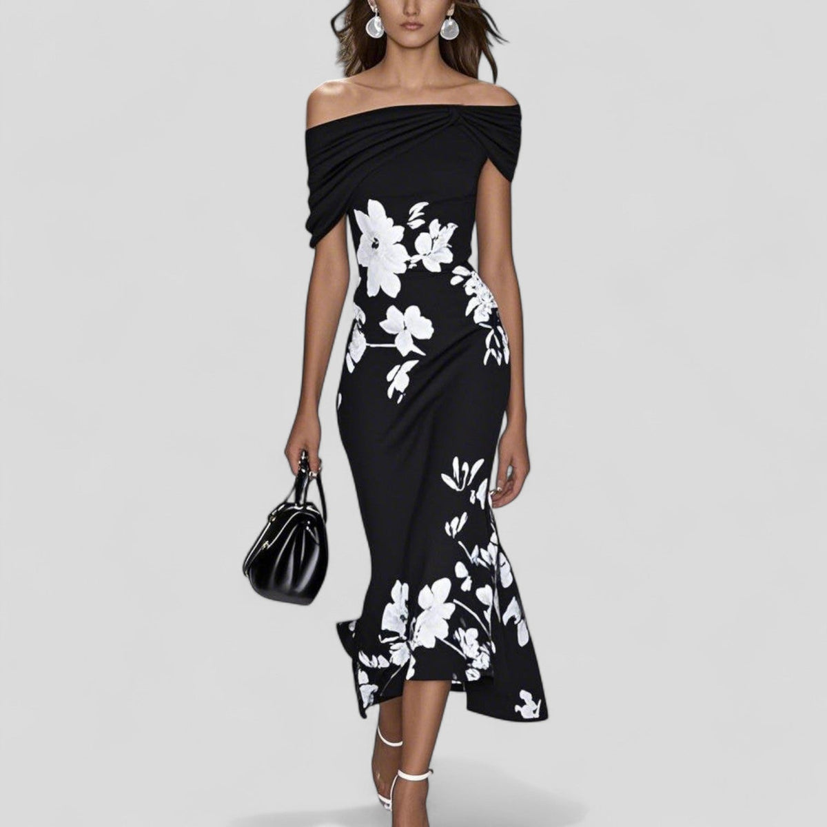 Women's Off-Shoulder Midi Dress with Ruffle Hem and Floral Print