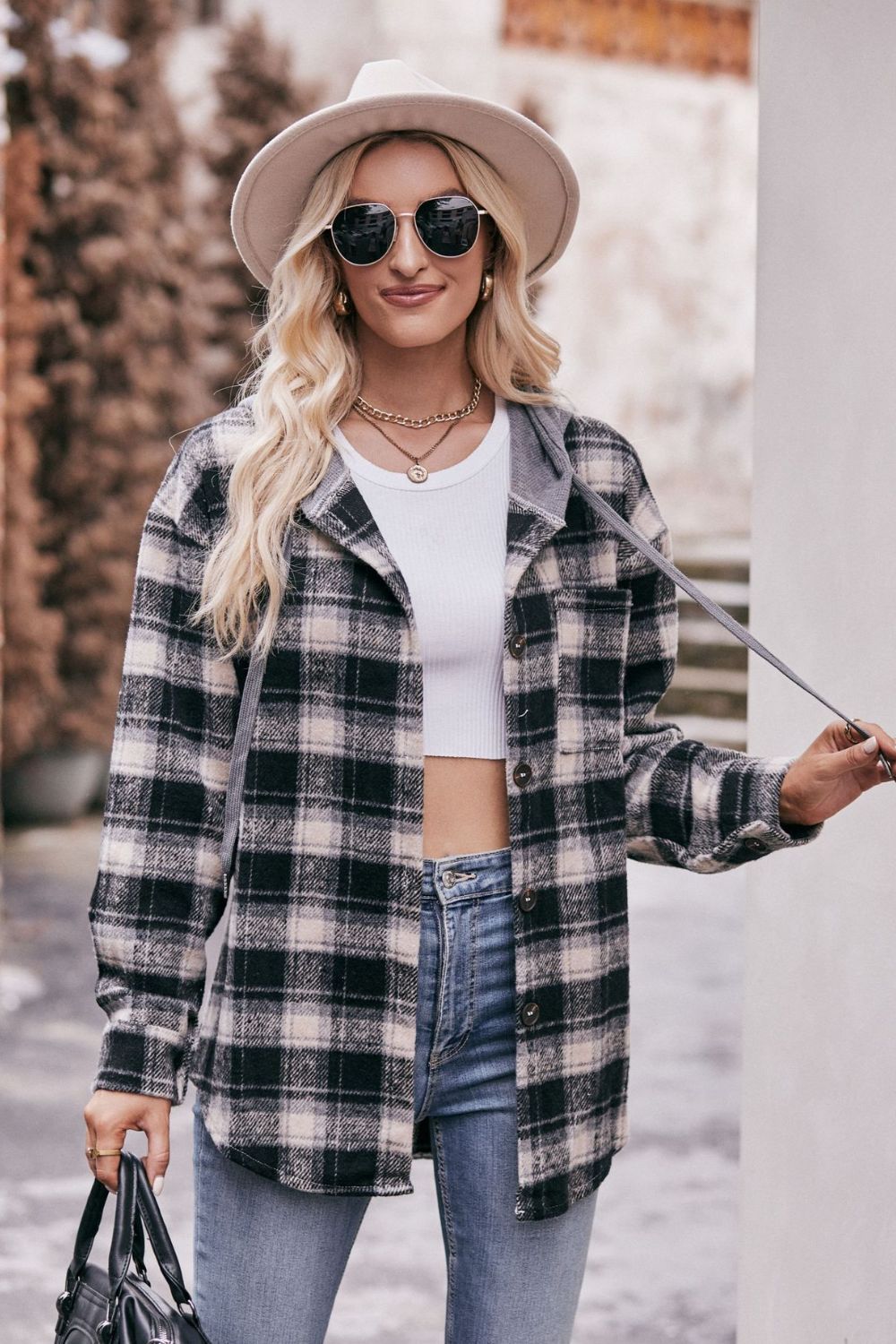 Street-wave Plaid Hooded Long Jacket For Streetwear Fans, Drop Shoulder Style, 100 Percent Polyester
