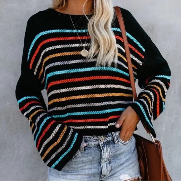 Street-wave Striped V Neck Knit Sweater For Effortless Casual Chic Women Everyday Layering Essential