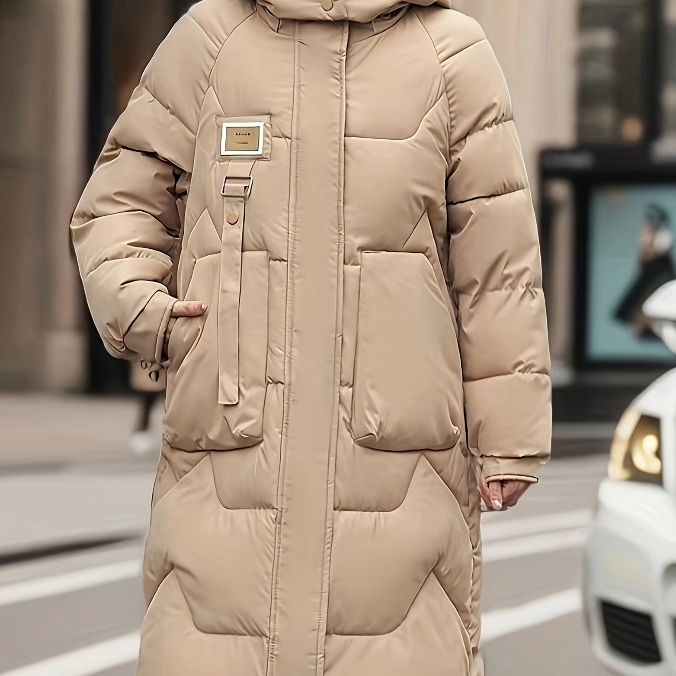 Street Wave Puffer Coat For Women Long Length Warm Cozy Comfort Beige Winter Outerwear