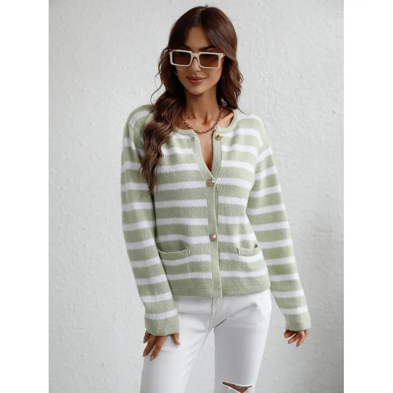 Street-wave Striped Knit Cardigan With Button Closure And Pockets For Women Cozy Warm Everyday