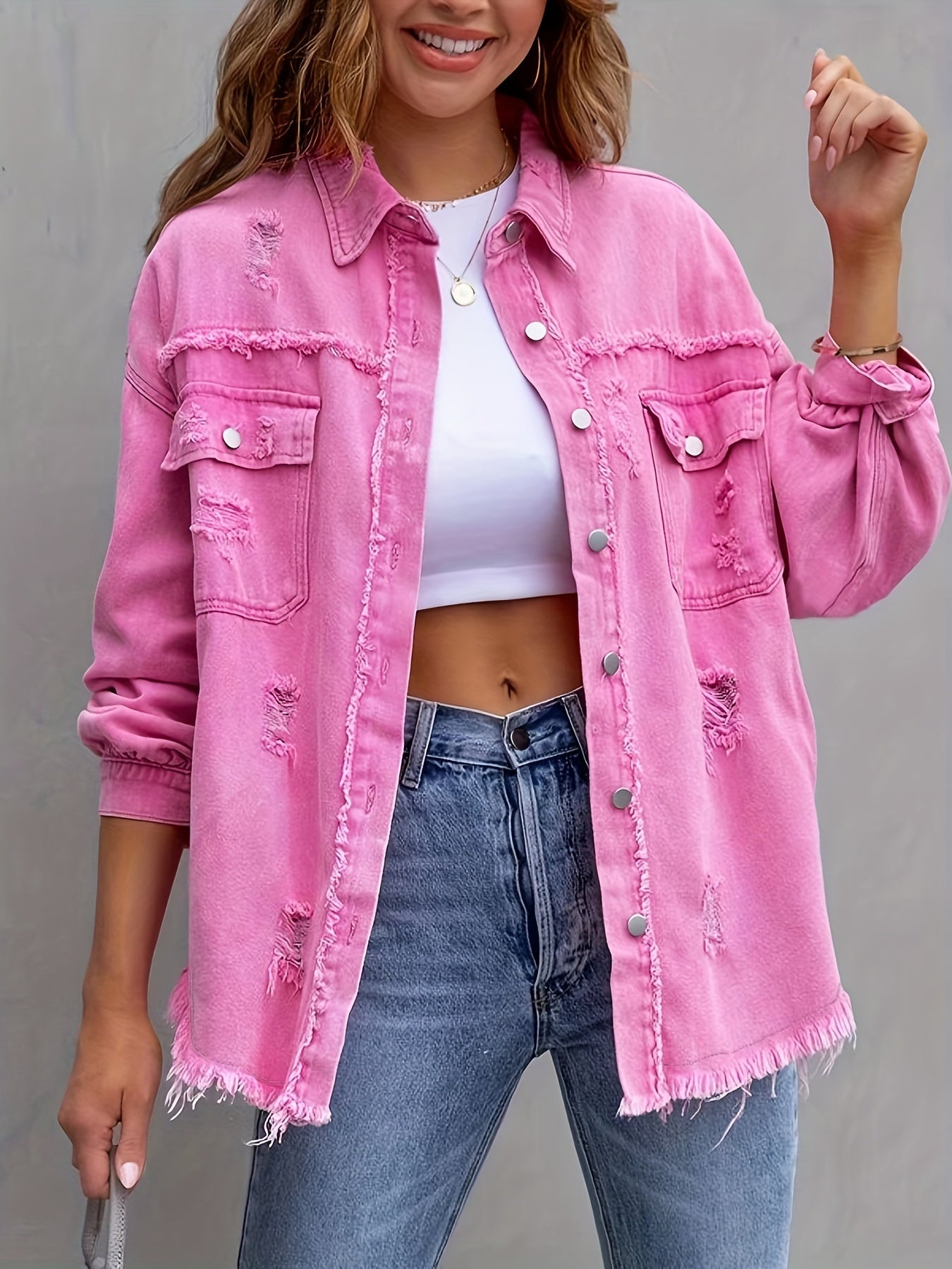 Street-Wave Boho Denim Jacket For Women Button Front Distressed Non Stretchy Frayed Hem