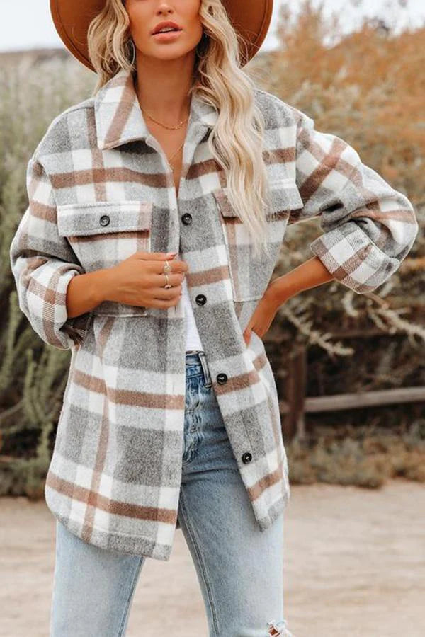 Street-Wave Women's Plaid Jacket With Front Pockets Oversized Cozy Everyday Outerwear For Chic Casual Looks