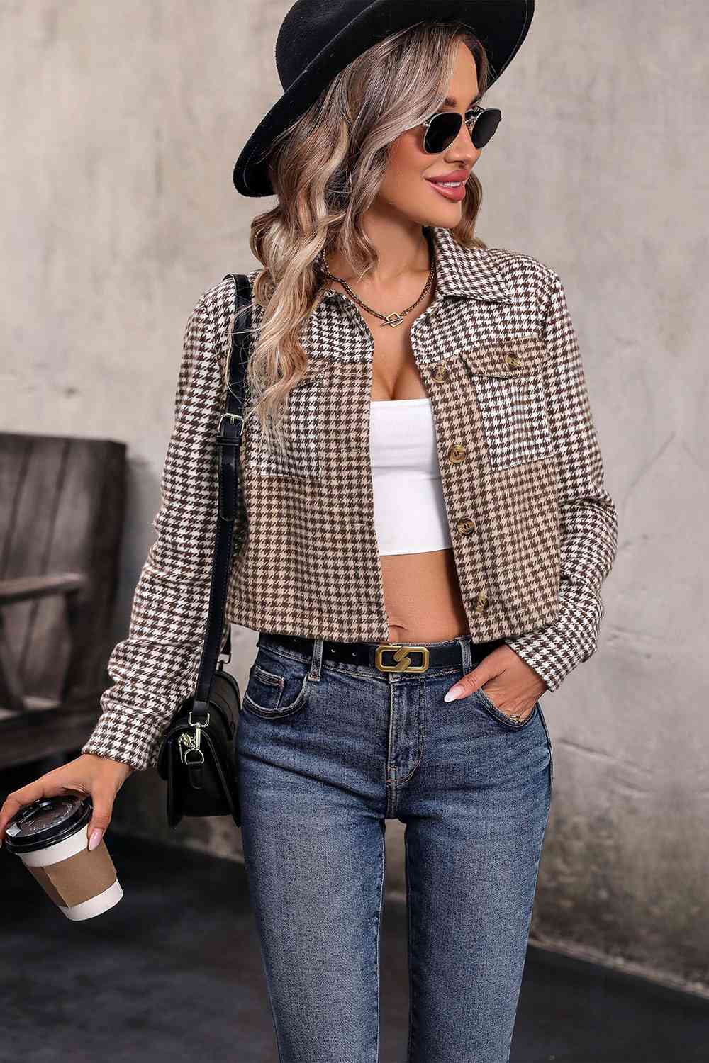 Street-Wave Houndstooth Button Front Jacket For Women Classic And Cozy 100 Percent Polyester