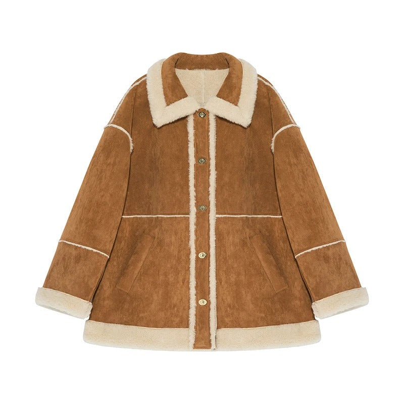 Street-wave Womens Sherpa-Lined Jacket Cozy Warmth Loose Fit Classic Collar For Winter Style