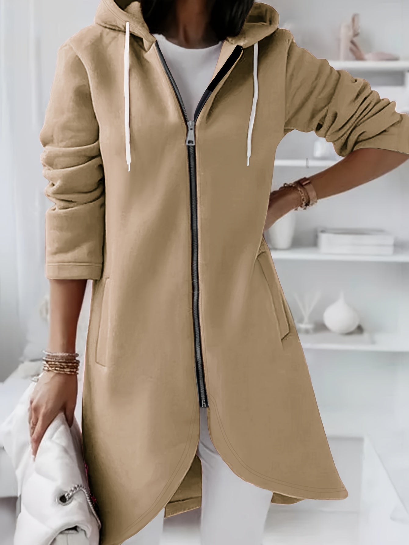 Street-wave Midi Hoodie Jacket With Zipper And Drawstring Breathable Everyday Outerwear For Women