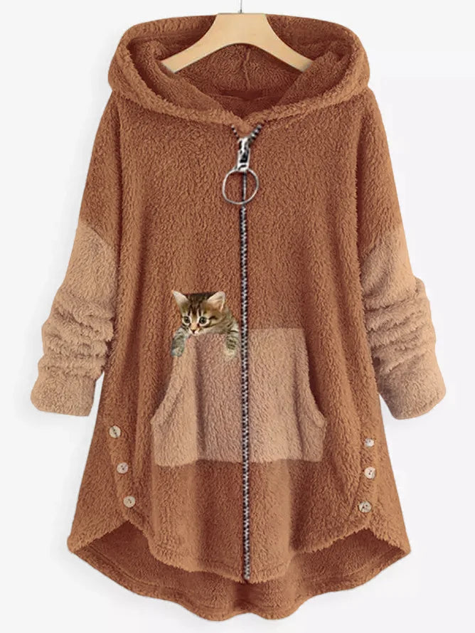 Streetwave Womens Sherpa Coat With Cat Patch Cozy Hooded Fleece Soft Plush Lined Loose Fit