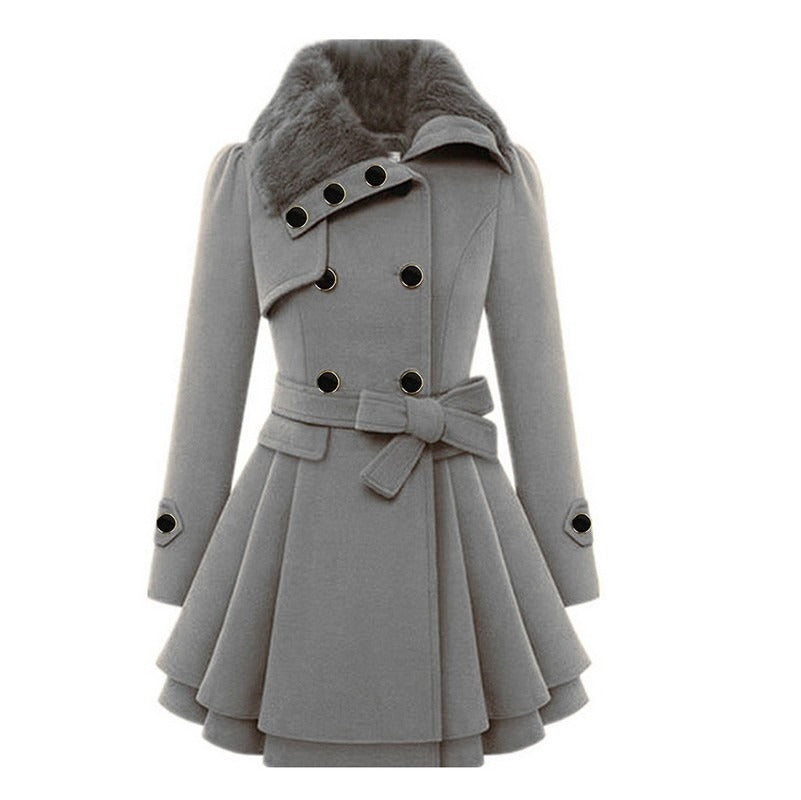 Street-Wave Coat For Women With Fur Collar Belted Waist And Flared Skirt Winter Chic Comfort