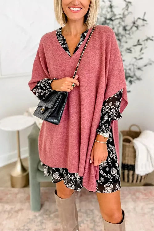Women's Poncho Top - Soft Knit - Loose Fit - V-Neck Draped Design