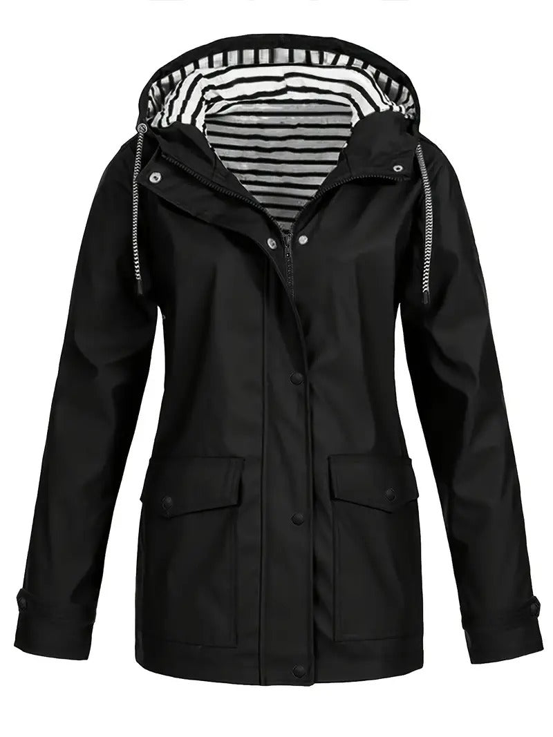 Street-wave Women's Waterproof Raincoat With Striped Lining Hooded Coat Trendy All-Weather Jacket