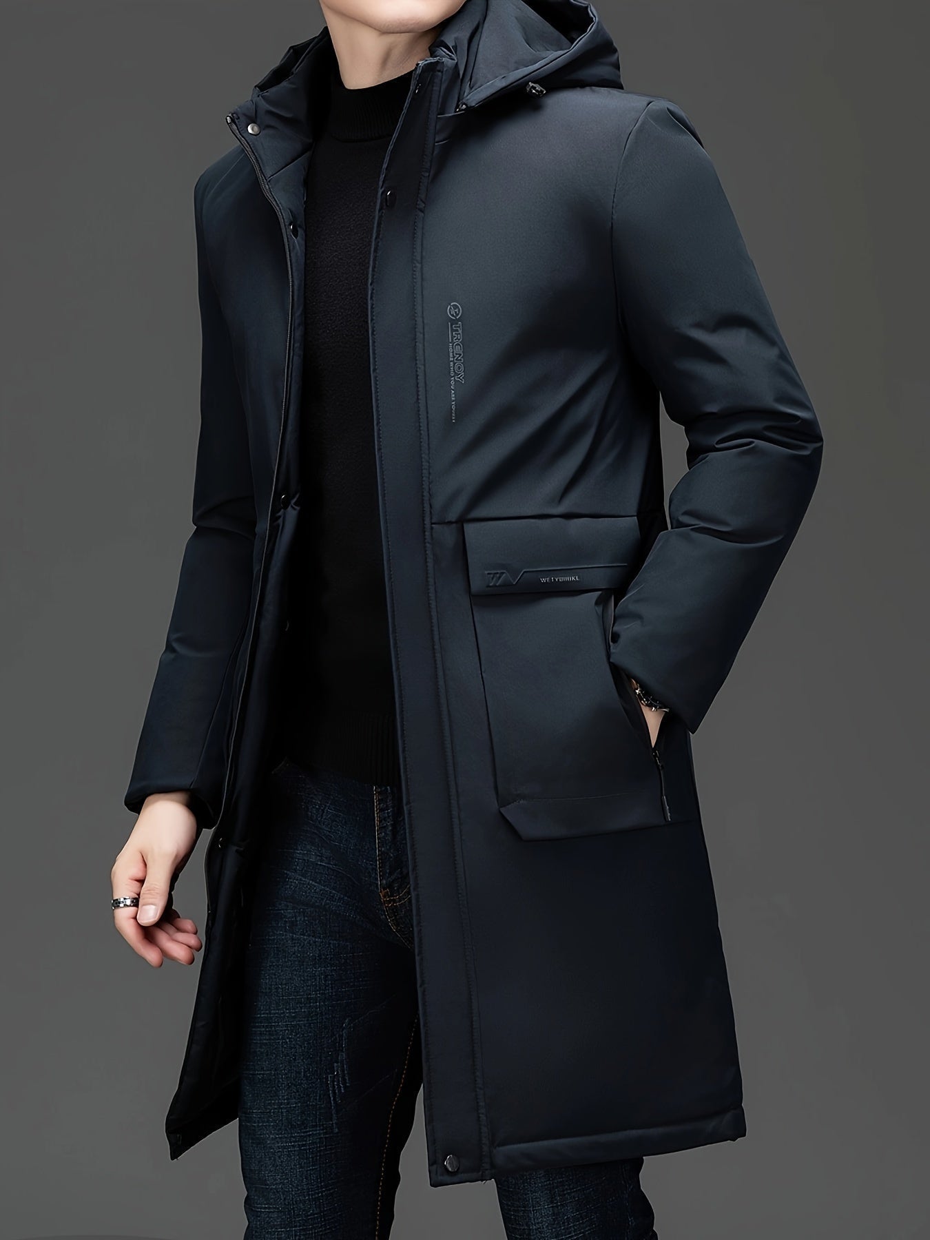 Street-wave Hooded Long Winter Coat For Men Warm Windproof Polyester Outerwear Insulated