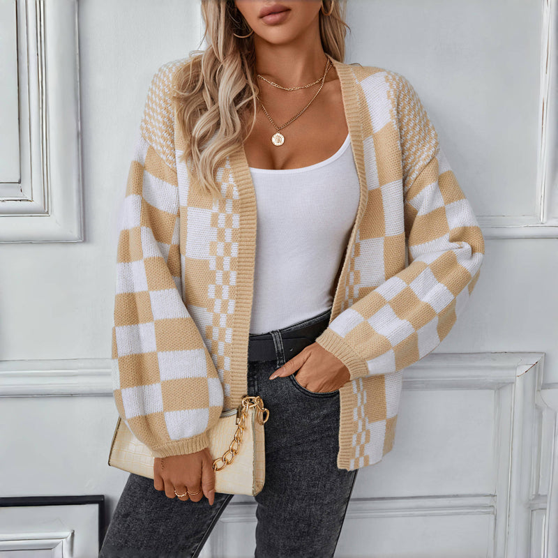 Street-wave Checkered Knit Cardigan For Women Cotton-Acrylic Blend Cozy Long Sleeve Warm